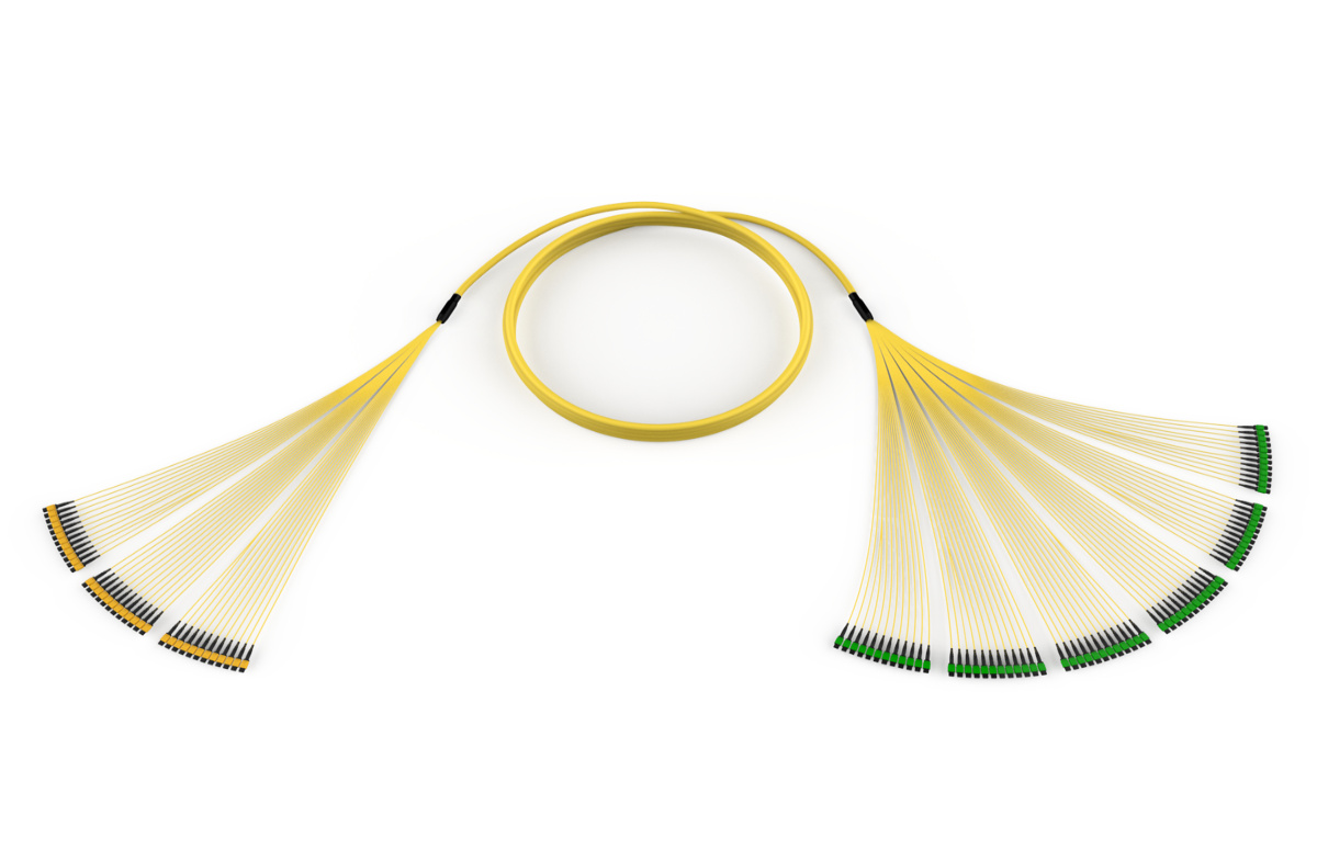 864F, 24F MTP to 12F MTP Trunk, Ultra Ribbon Riser cable, Single-mode (OS2) Ultra, Pulling grip on one end, 100 feet